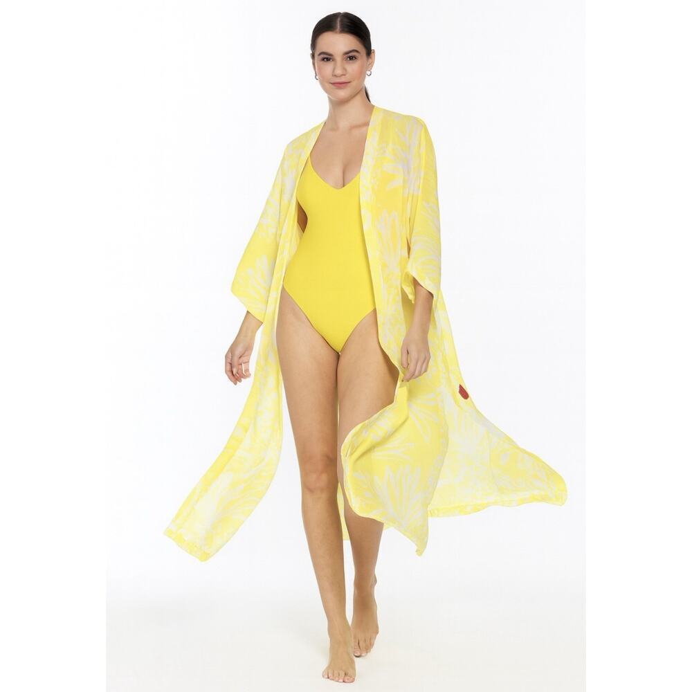 Lilly Pulitzer NEW 3X Open Swim CoverHawaiian Yellow Long Duster Cardigan Sheer